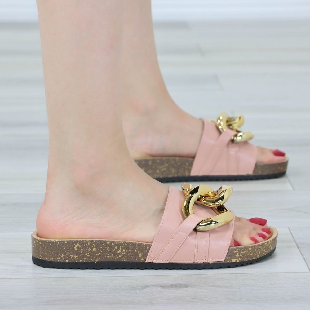 Pink Flat Slip On Sliders Sandal Trendy Comfort Lightweight Blush and Gold - Picture 7 of 13